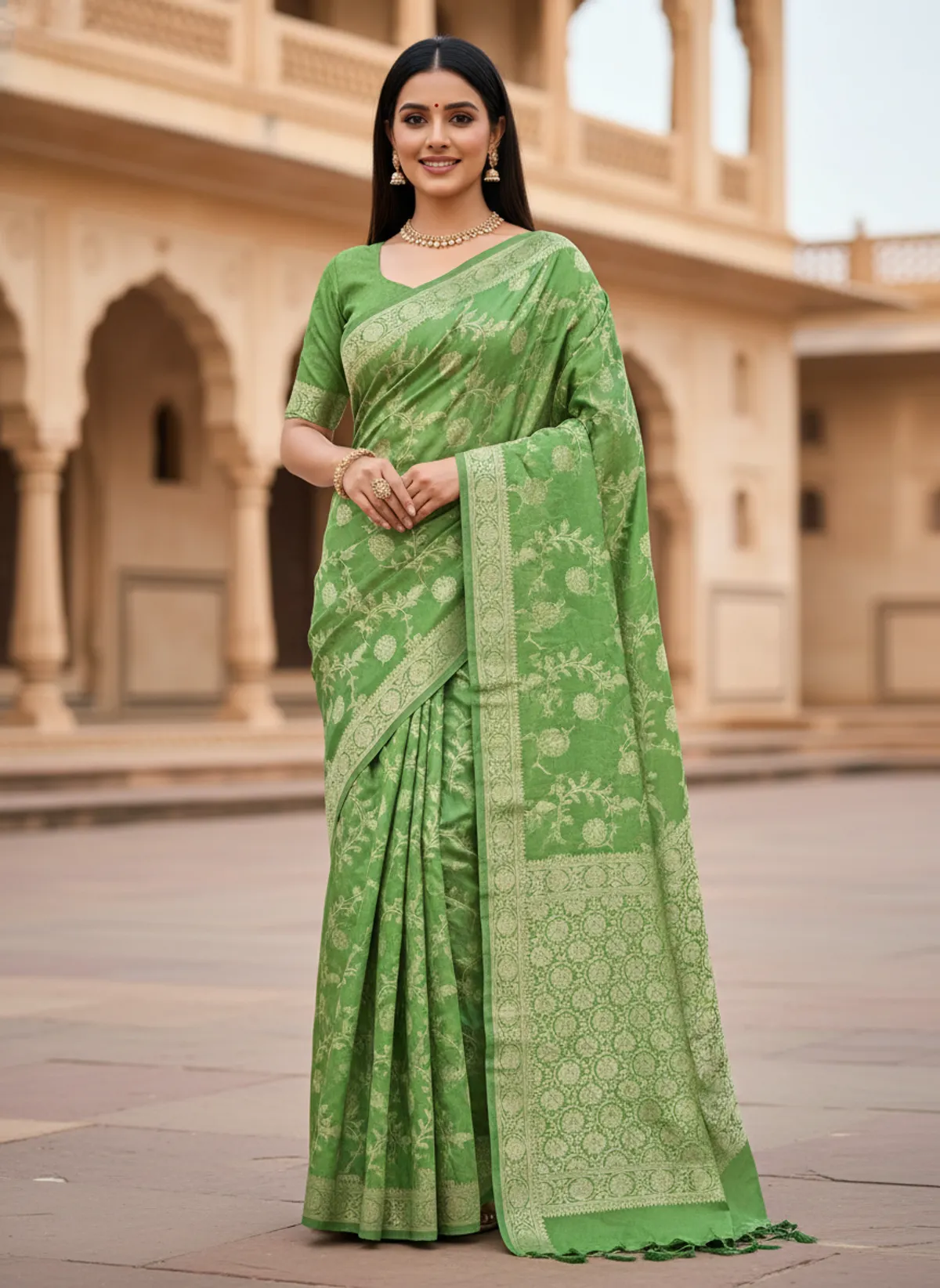 Green Banarasi Silk Jaal Work Zari Weaved Saree